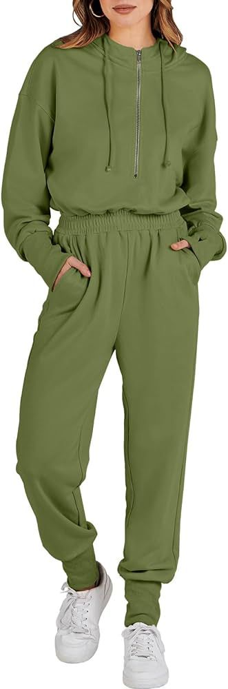 Caracilia Womens Jumpsuit Long Sleeve Zip Up One Piece Casual Lounge Hooded Sweatsuit Sweat Pants... | Amazon (US)