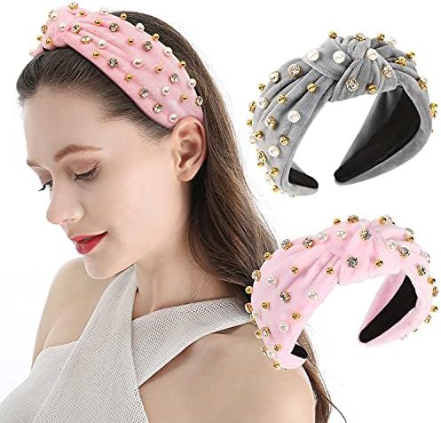 QIANXUAN Wide Rhinestone Headband For Women Pearl Headbands For Girls White Top Knot Headband With B | Amazon (US)