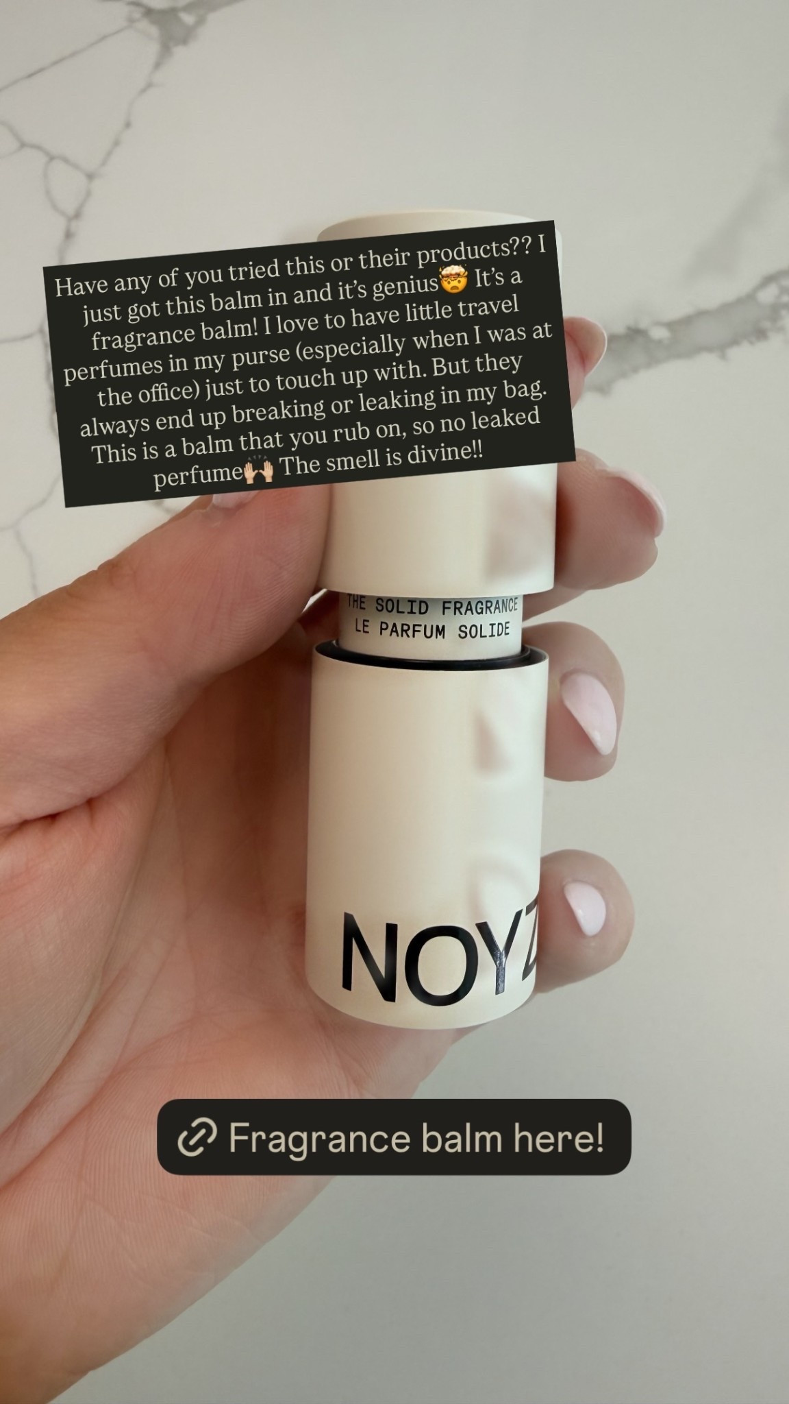 Have any of you tried this or their products?? I just got this balm in and it’s genius🤯 It’s a fragrance balm! I love to have little travel perfumes in my purse (especially when I was at the office) just to touch up with. But they always end up breaking or leaking in my bag. This is a balm that you rub on, so no leaked perfume🙌🏼 The smell is divine!! @noyz_official
