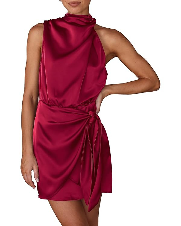 PRETTYGARDEN Women's Short Formal Satin Dress Summer Sleeveless Mock Neck Tie Waist Cocktail Part... | Amazon (US)