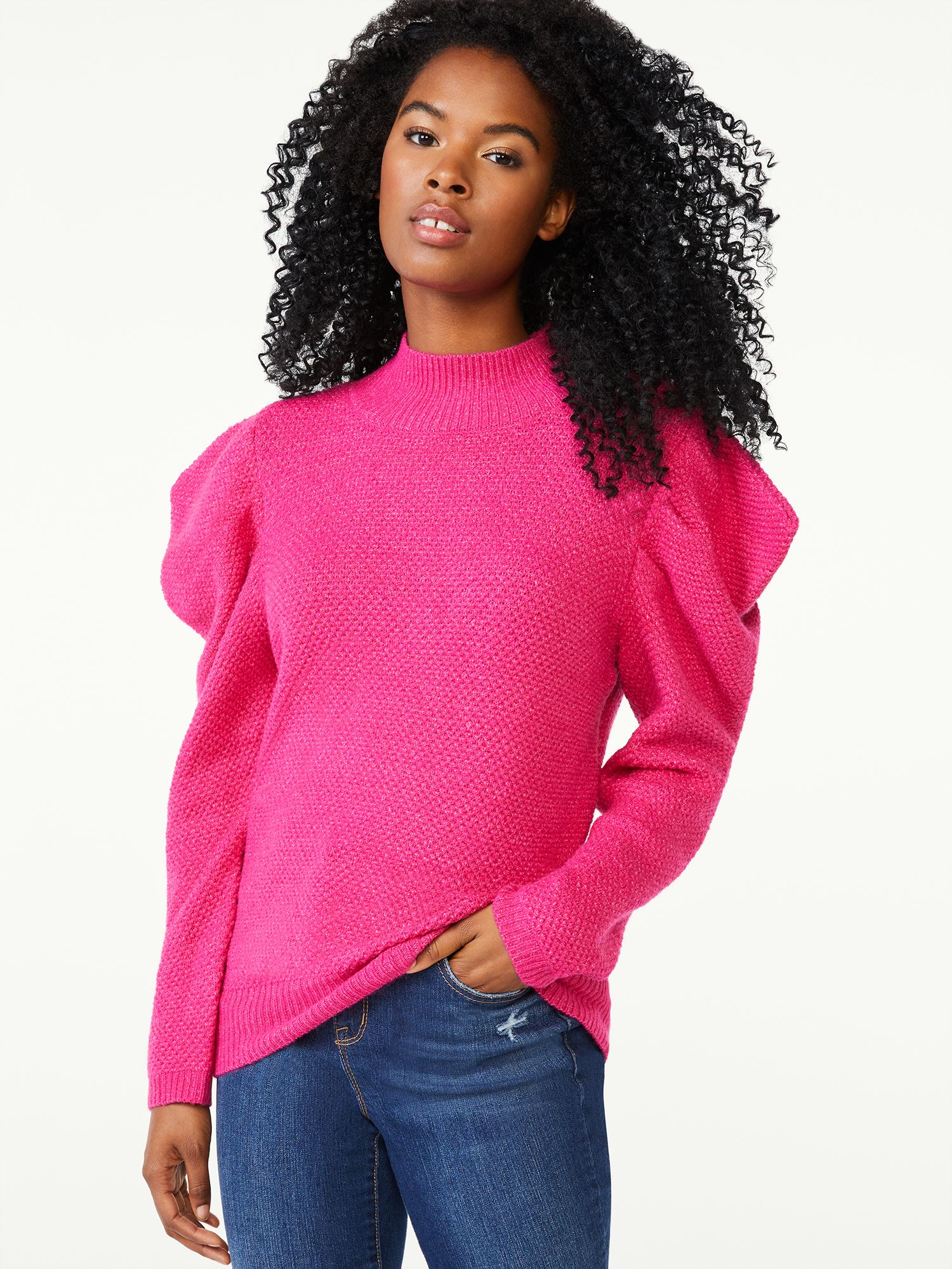 Scoop Women's Mock Neck Sweater with Pleated Puff Sleeves | Walmart (US)