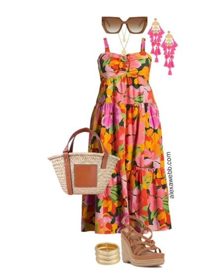 Plus Size Summer Dresses 4 - An easy casual summer outfit with a bright floral maxi dress, pink statement earrings, and a straw tote. Alexa Webb #plussize

#LTKstyletip #LTKplussize #LTKover40