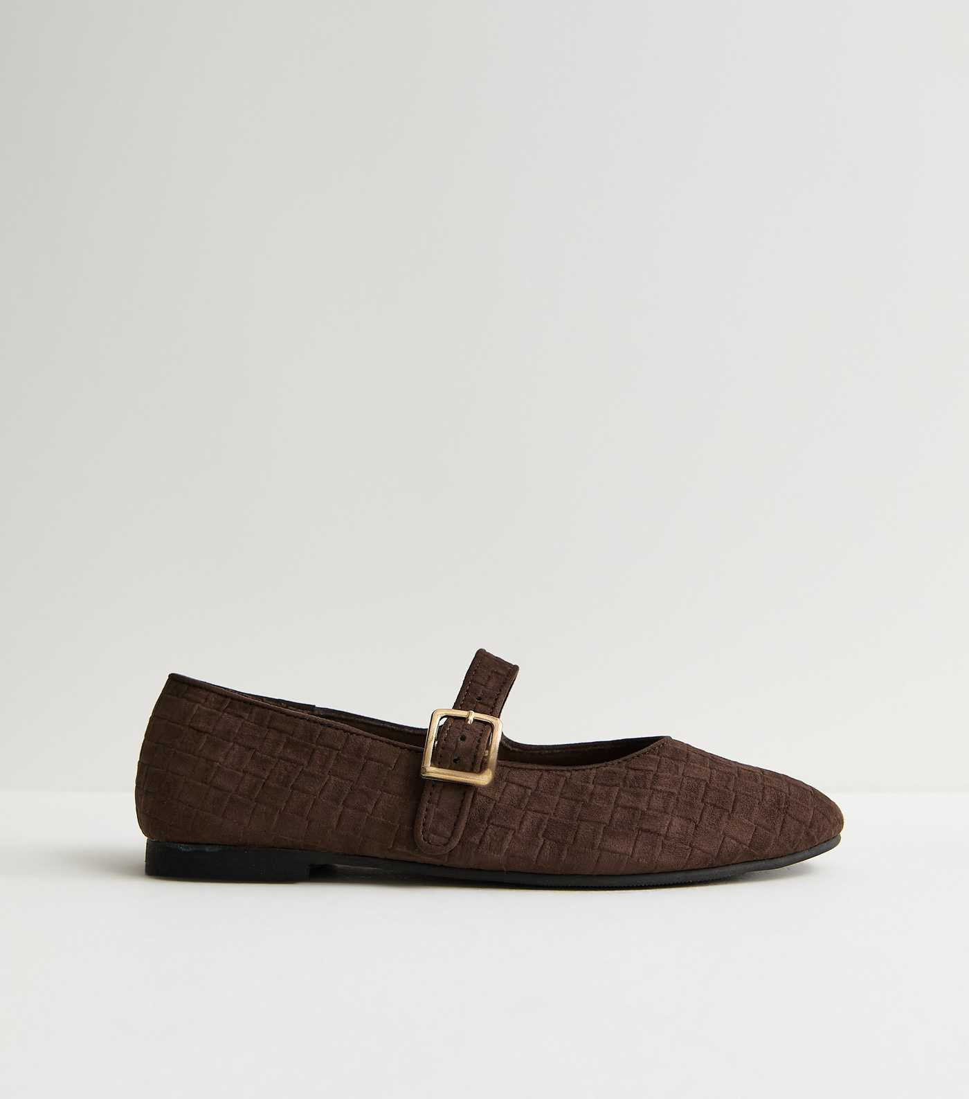 Brown Textured Faux Suede Buckled Mary Jane Flats | New Look | New Look (UK)
