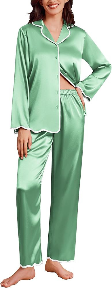 Ekouaer Silk Satin Pajama Set for Women – Long Sleeve Button-Up PJs & Silky Pants | Amazon (US)