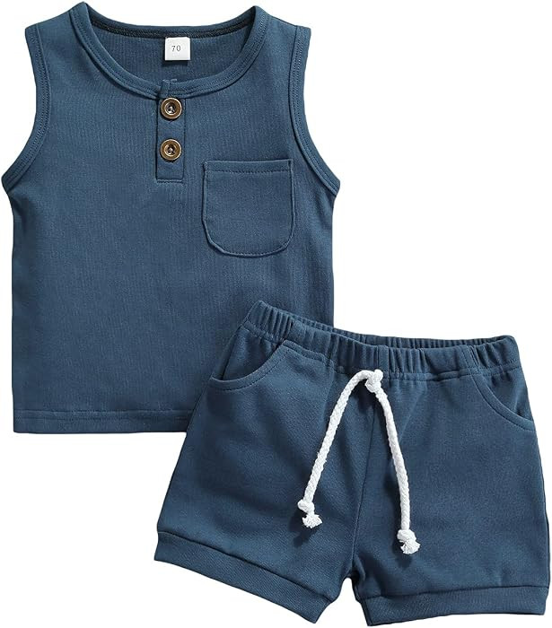 2Pcs Baby Boy Summer Clothes Infant Toddler Beach Outfits Sleeveless Tank Tops Shorts Set | Amazon (US)