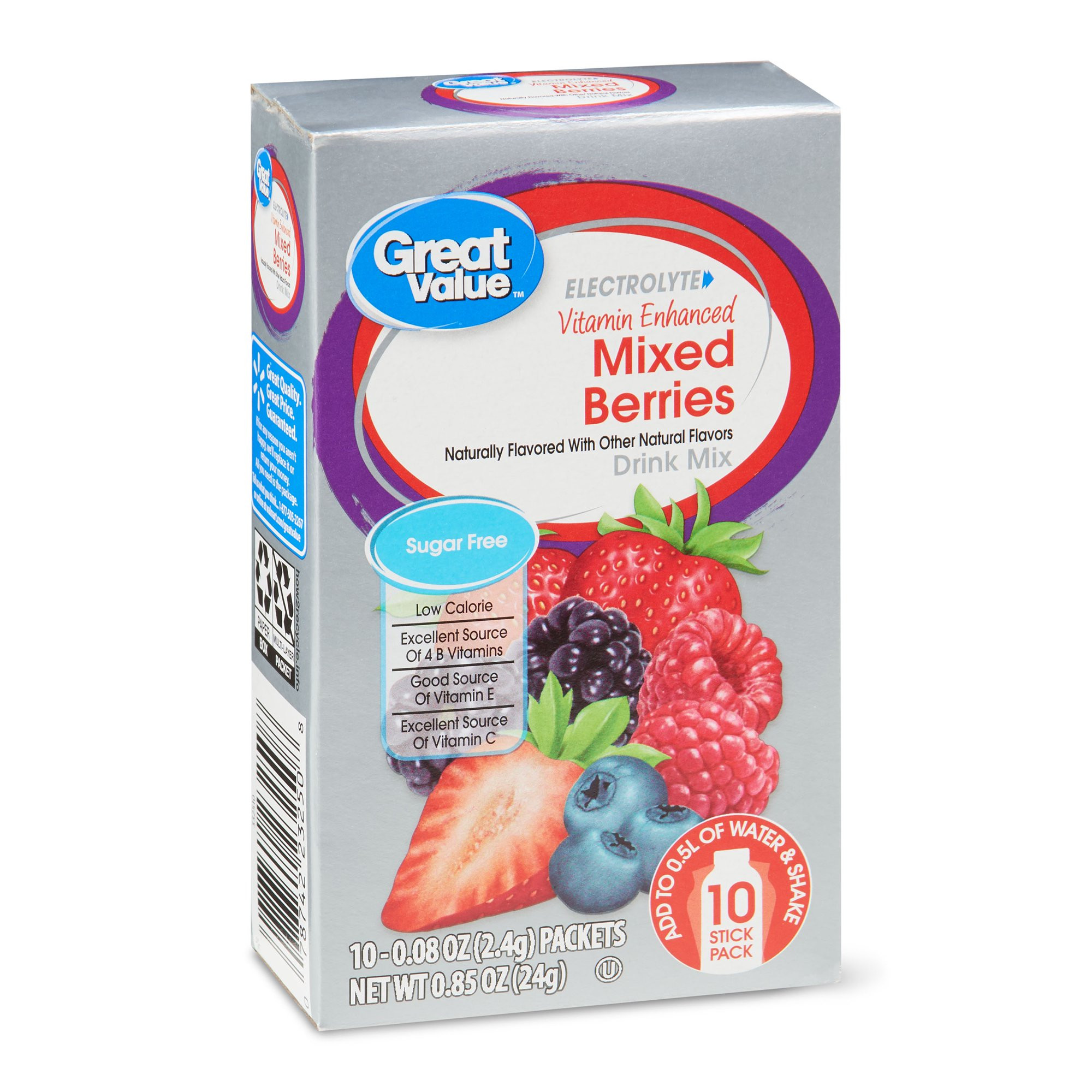 Great Value Sugar-Free Electrolyte Mixed Berries Drink Mix, 0.85 Oz., 10 Count | Walmart (US)