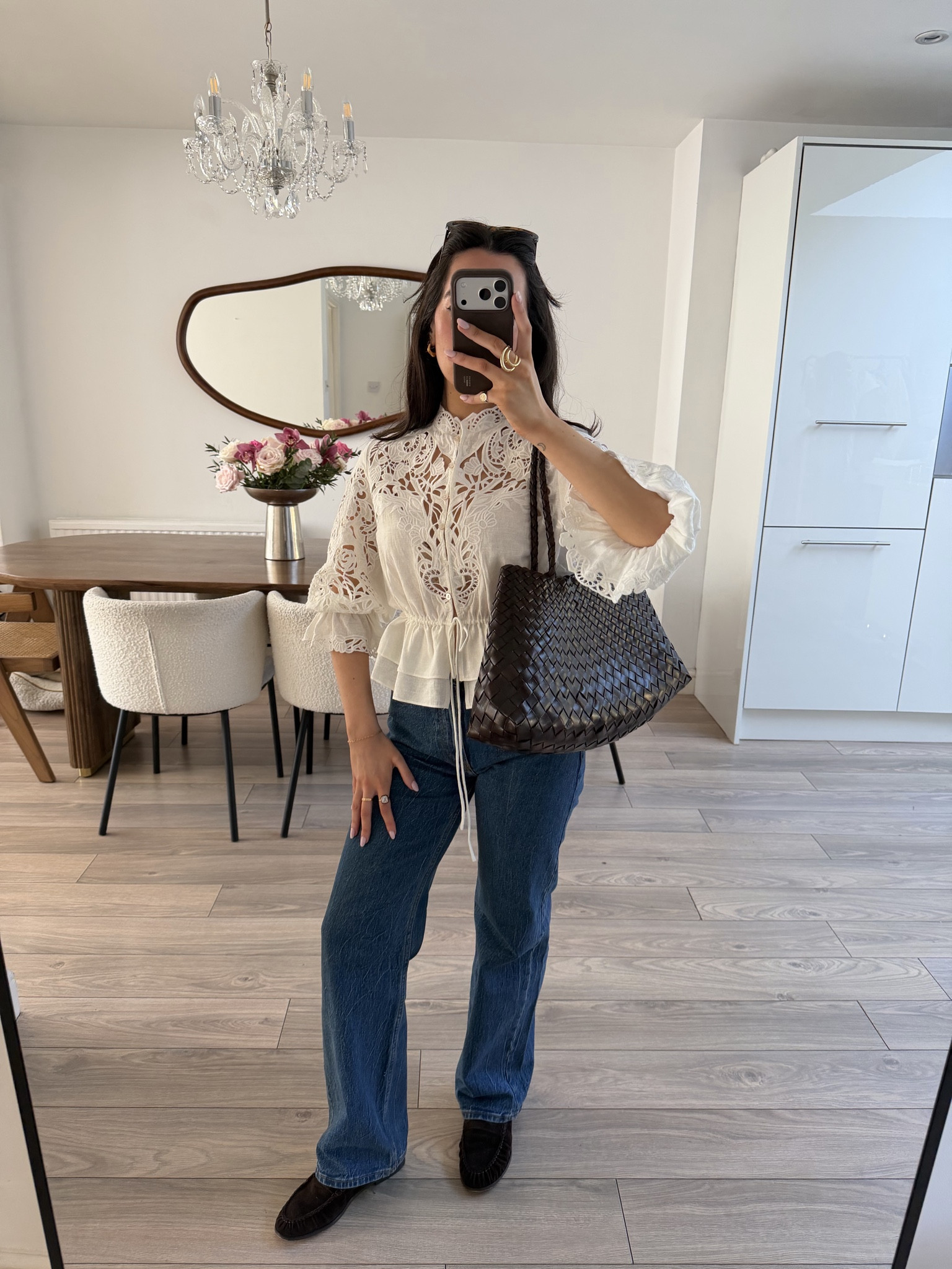 H&m broderie blouse, abercrombie jeans, mid rise jeans, petite jeans, loafers, dragon diffusion bag, woven leather bag, spring outfit 

#LTKspring #LTKuk #LTKpetite