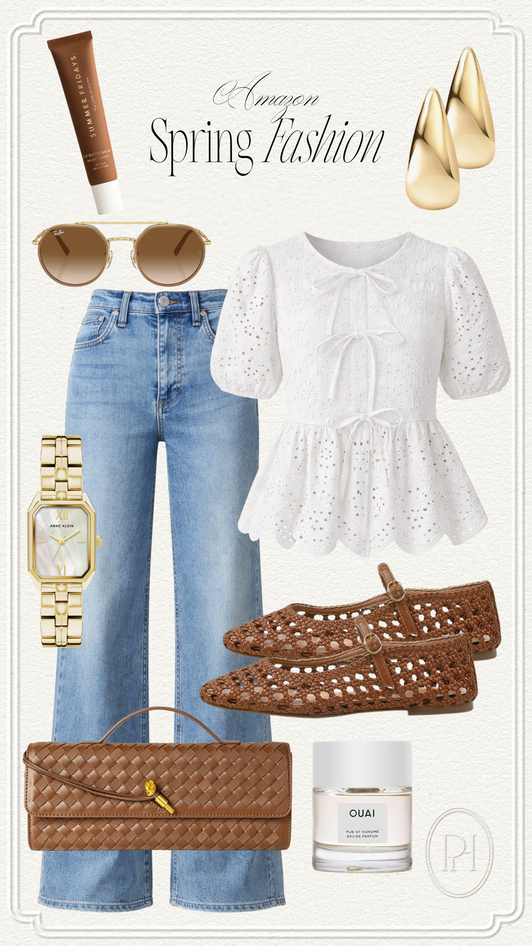 Loving these neutral fashion finds for spring! Can't believe they're all Amazon finds!

flared jeans, flared denim, wide leg jeans, wide leg denim, white blouse, peplum blouse, spring looks, spring style, spring fashion, office look, workwear, lip balm, gold earrings, round sunglasses, brown flats, mesh flats, brown handbag, clutch handbag, neutral fashion, gold watch, body spray, perfume, women's fragrance 

 #LTKgrwm #LTKootd #LTKSeasonal