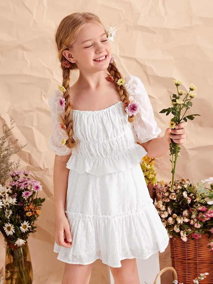 SHEIN Girls Puff Sleeve Shirred Schiffy Peplum Top & Skirt Set | SHEIN