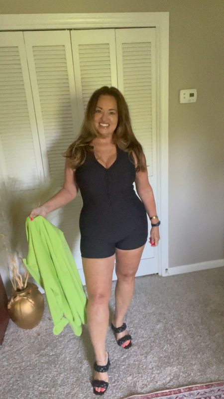 Styling a body con romper. This romper is super versatile and flattering. Available in 5 colors. I am wearing a large black. 

#LTKMidsize #LTKTravel #LTKStyleTip