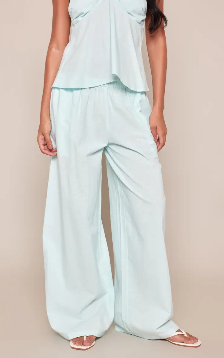 Baby Blue Linen Shirred Waist Trousers Co-ord | PrettyLittleThing UK