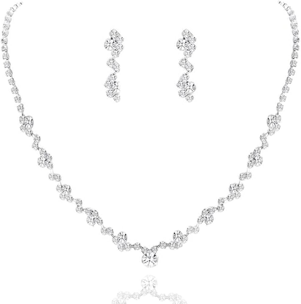 Yean Bride Silver Bridal Necklace Earrings Set Crystal Wedding Jewelry Set Rhinestone Choker Neck... | Amazon (US)