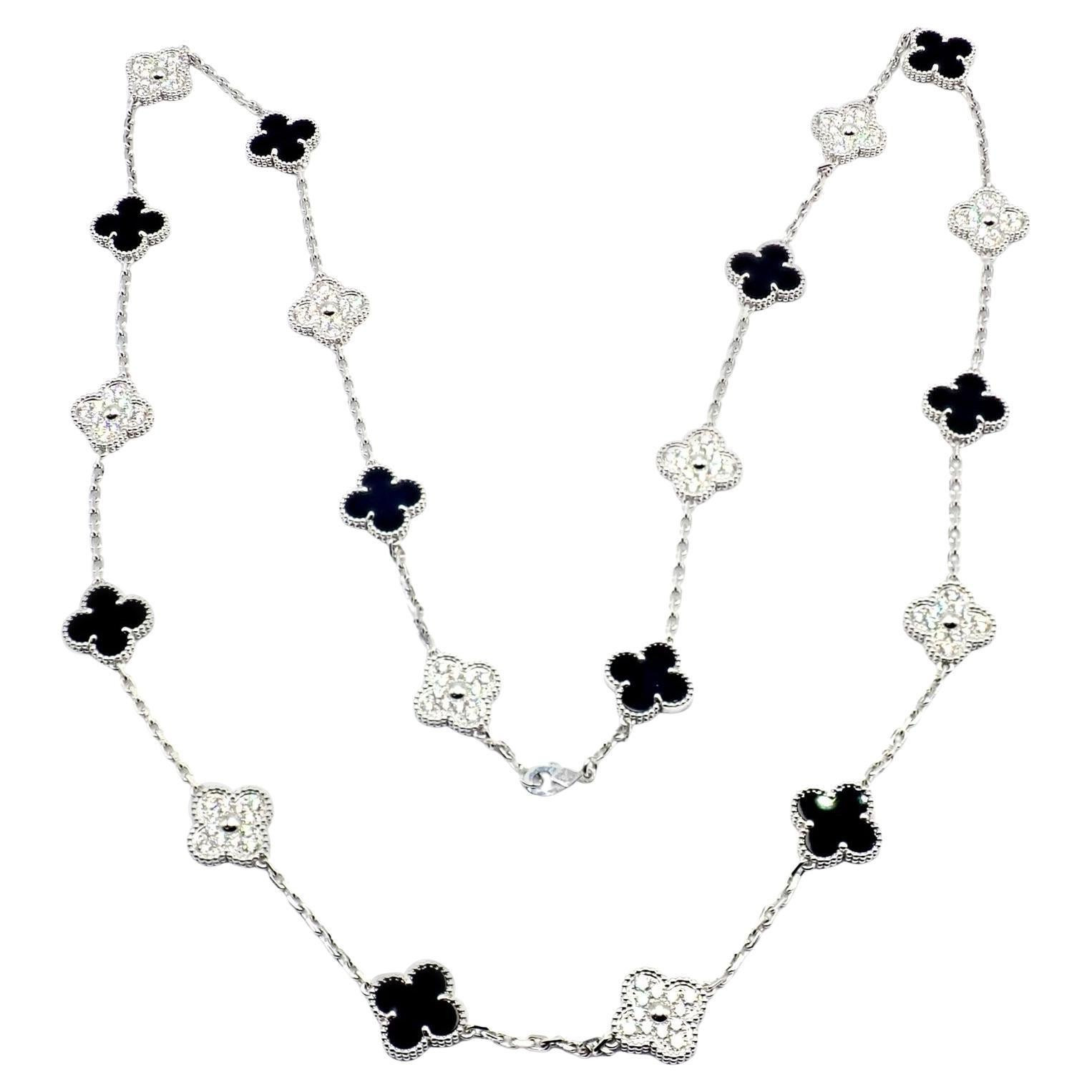 Van Cleef & Arpels 20 Motif Vintage Alhambra Diamond & Onyx White Gold Necklace | 1stDibs