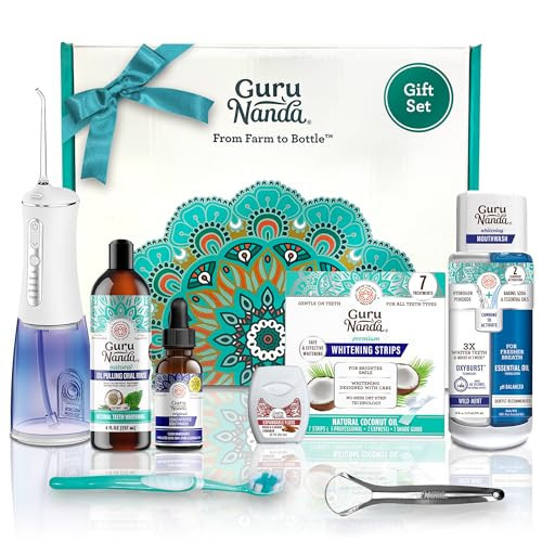 GuruNanda 7-Step Regimen 1.0 - Oil Pulling, Toothbrush, Tongue Scraper, Floss, Water Flosser, Mouthwash, Whitening Strips for Complete Oral Care (Pack of 8) | Amazon (US)