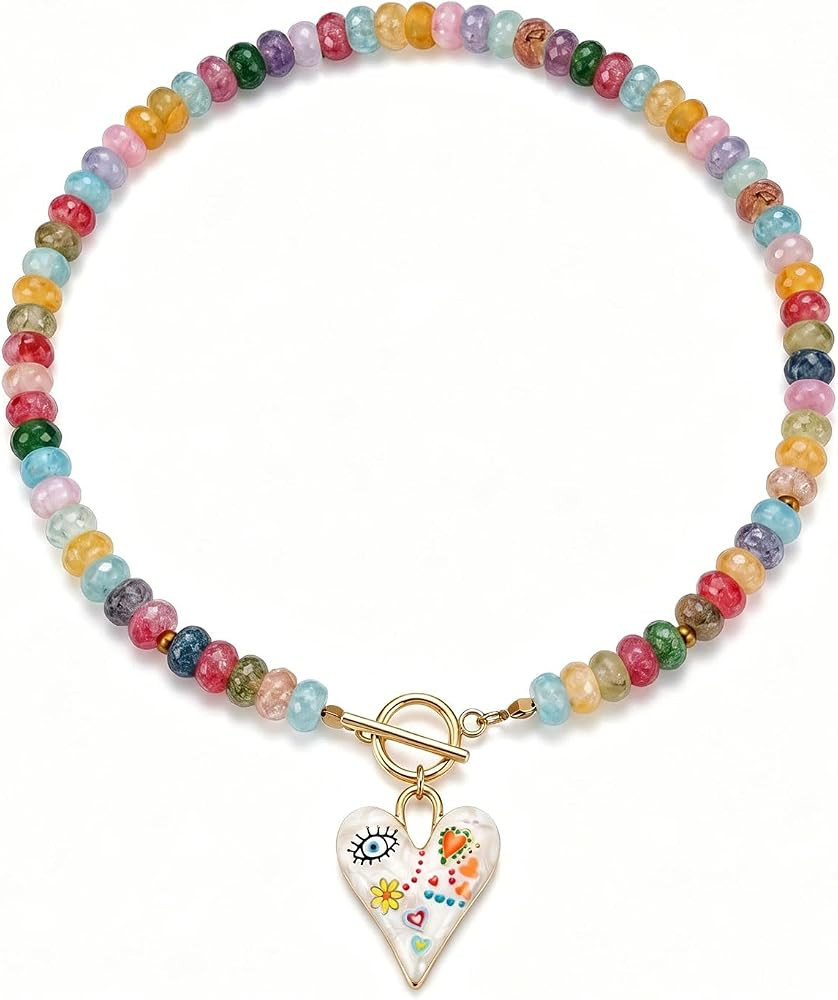Colorful Chunky Beaded Necklace for Women - Boho Rainbow Bead Choker with Heart Charm Pendant Nec... | Amazon (US)