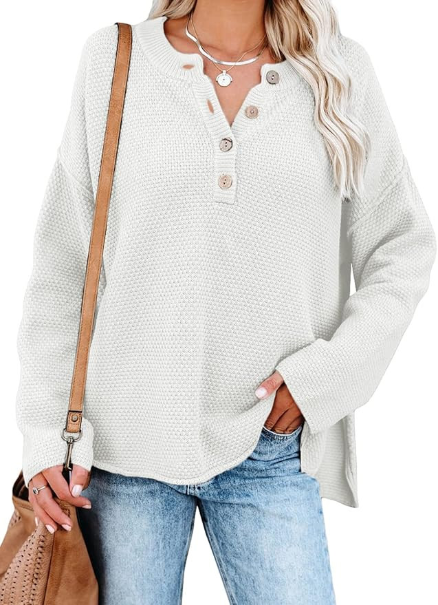 SHEWIN Women's Waffle Knit V Neck Sweater Casual Long Sleeve Side Slit Button Henley Pullover Jum... | Amazon (US)