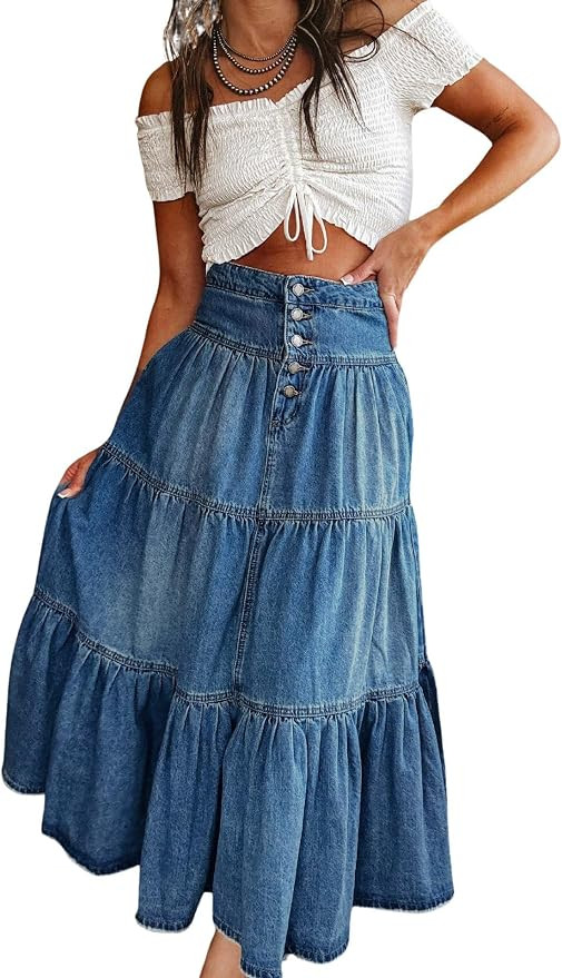 Women's High Waist Long Denim Skirt Button-Fly Tiered Ruffle Swing A-Line Jean Maxi Skirt with Po... | Amazon (US)