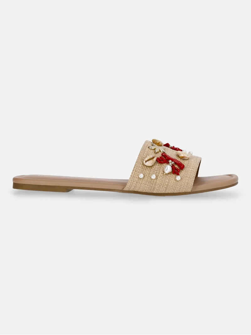 Time and Tru Women's Raffia Shell Slide Sandals - Walmart.com | Walmart (US)
