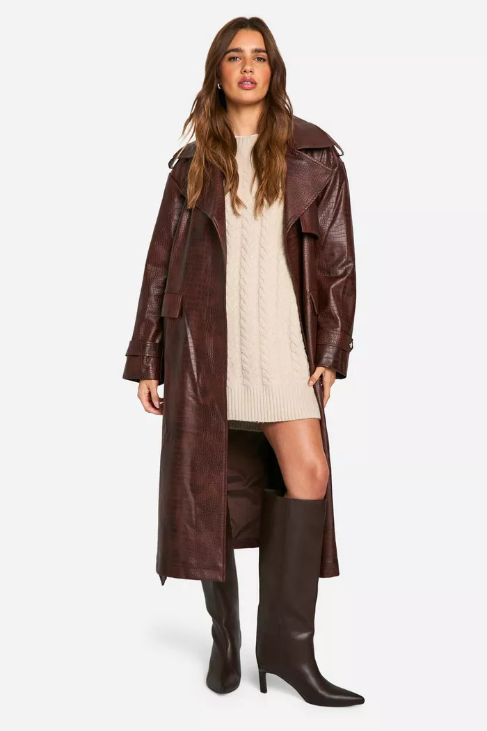 Crocodile Faux Leather Trench Coat | Boohoo.com (UK & IE)