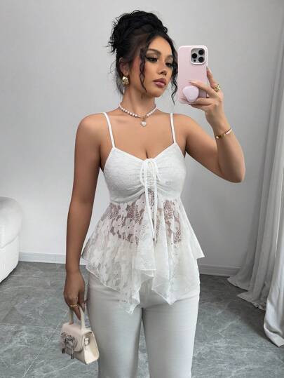 Selianne Women's Elegant Solid Color Lace Asymmetric Hem Camisole | SHEIN