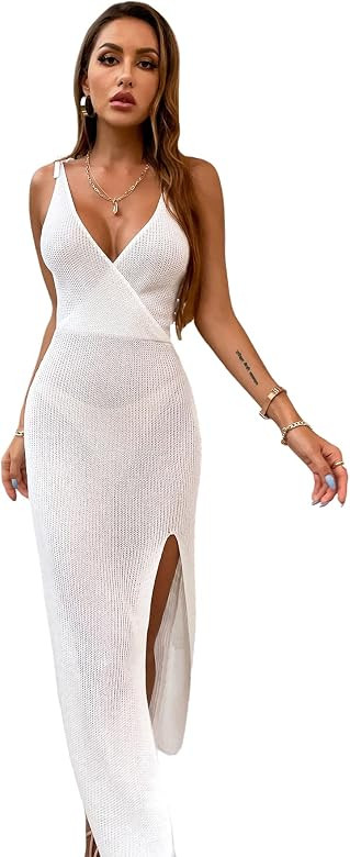 Verdusa Women's Split Thigh Tie Knot Bikini Swimwear Cover Up Long Cami Dress | Amazon (US)