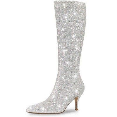 Allegra K Women's Pointy Toe Sparkle Glitter Stiletto Heel Knee High Boots Silver 10 | Target