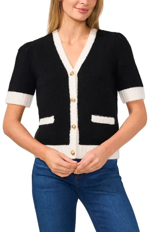 CeCe Contrast Trim Short Sleeve Cardigan in Rich Black at Nordstrom, Size X-Large | Nordstrom