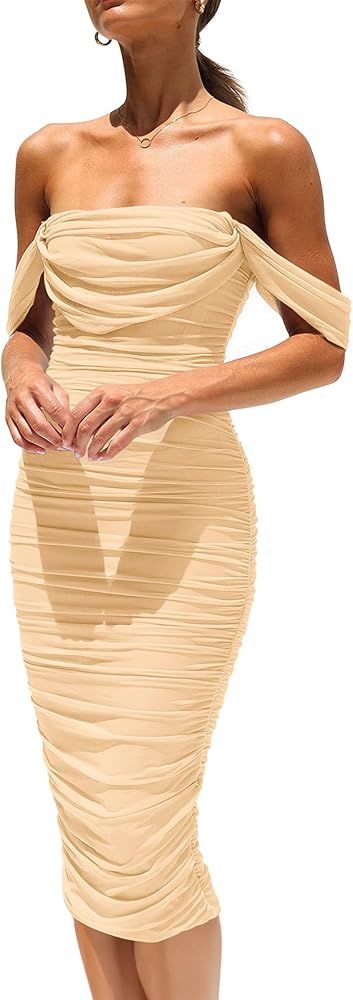 PRETTYGARDEN Womens Summer Off The Shoulder Ruched Bodycon Dresses Sleeveless Fitted Party Club M... | Amazon (US)