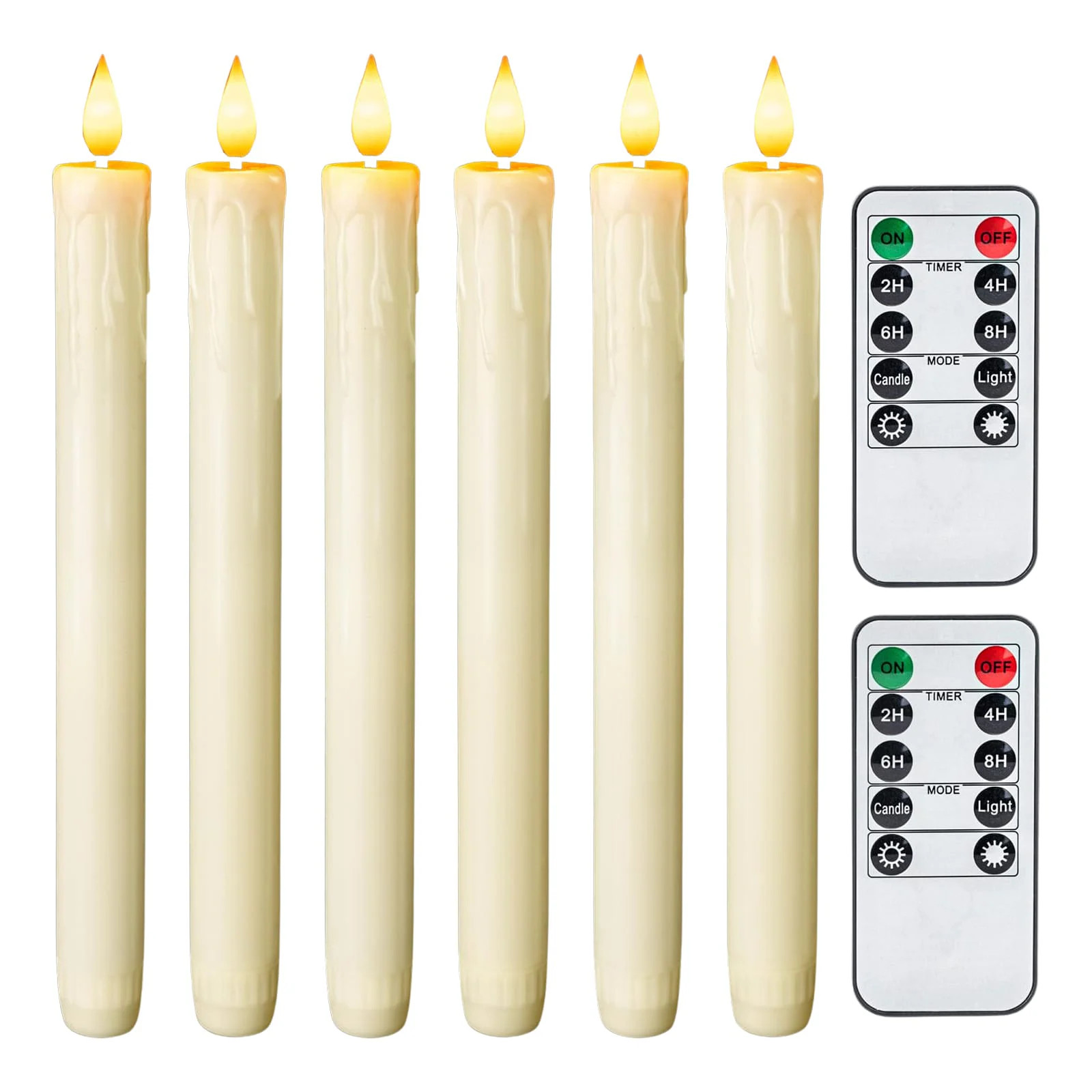 Etokfoks 6 Pack 9.6 Inch Ivory LED Flameless Taper Candles Real Wax 3D Flickering Flame Remote Timer Dripless Window Fireplace Decor one_size in White | Lowe's