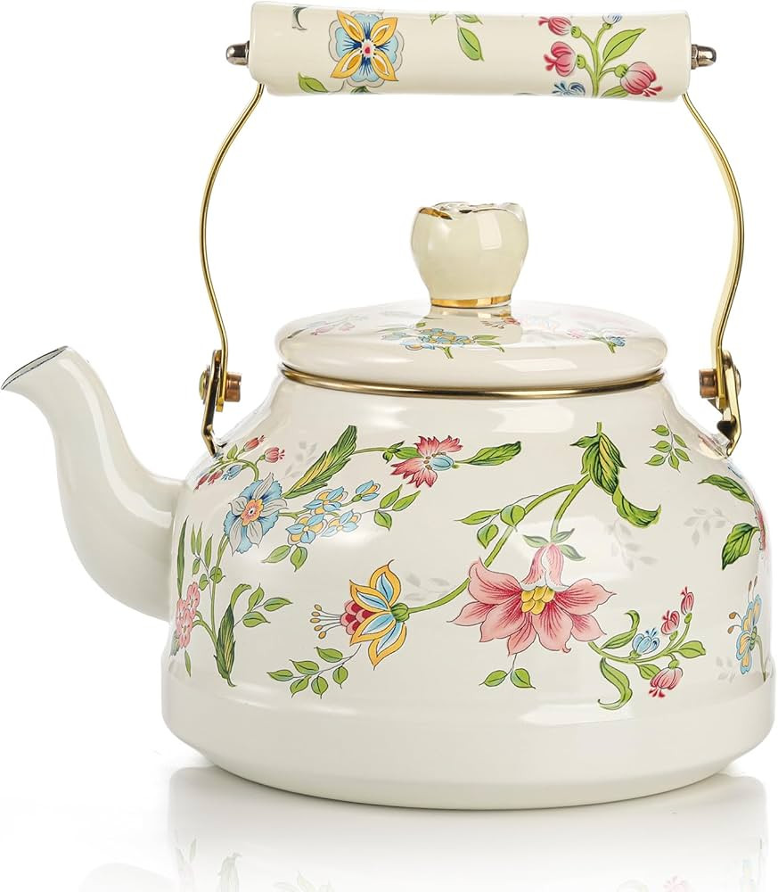 Jucoan 2.6 Quart Vintage Enamel Tea Kettle, Green Floral Stovetop Water Kettle Teapot with Porcel... | Amazon (US)