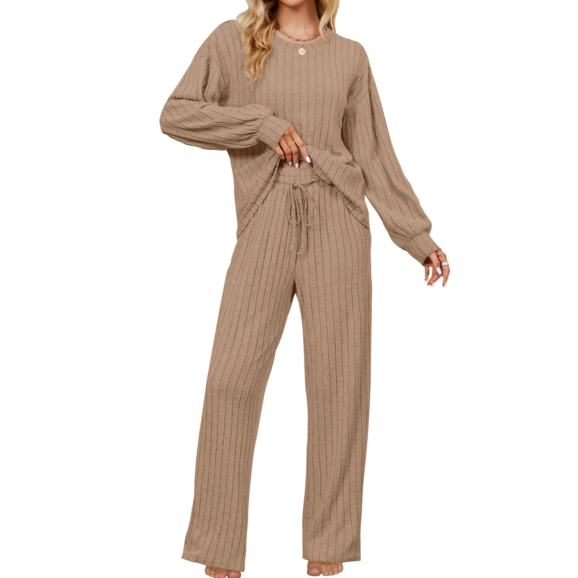 UVN Pajama Sets for Women Long Sleeve Lounge Set Ribbed Knit Sleepwear 2 Piece Pjs Soft Loungewea... | Walmart (US)