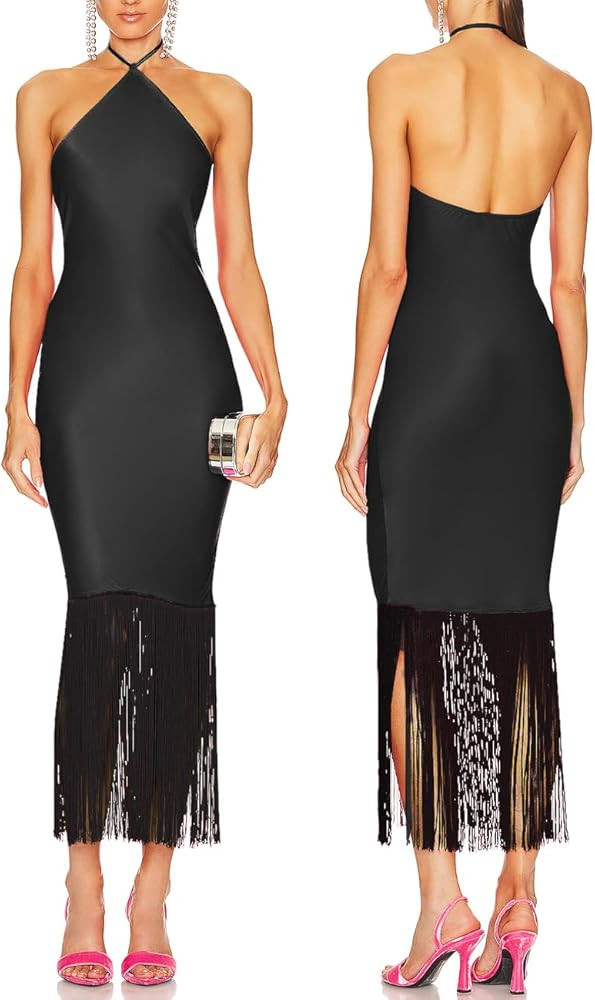 JLCNCUE Women Halter Neck Bodycon Midi Dress Fringe Hem Party Dress Sleeveless Open Back Tassels ... | Amazon (US)