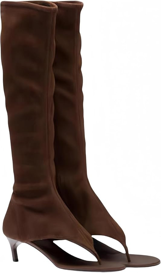 Womens Open Toe Thong Knee High Boots with Zipper Stretch Fabric and Kitten Low Heel Tall Sandal ... | Amazon (US)