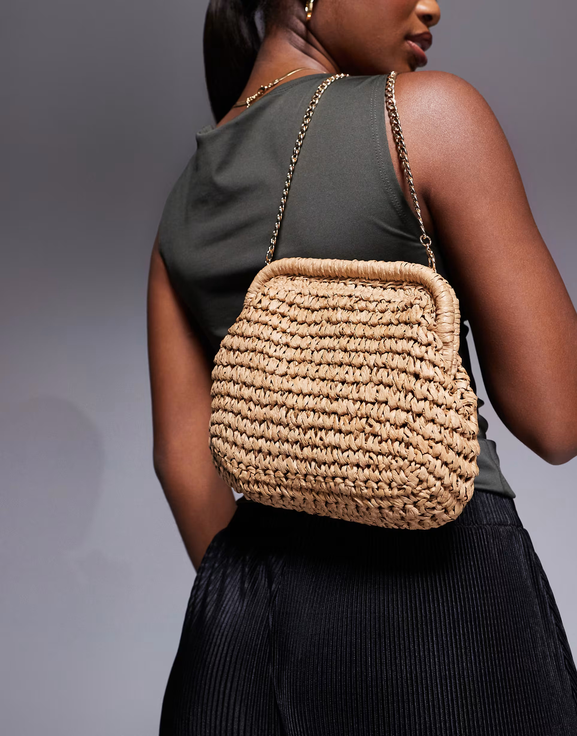 ASOS DESIGN hand crochet straw frame clutch bag with detachable crossbody strap | ASOS (Global)