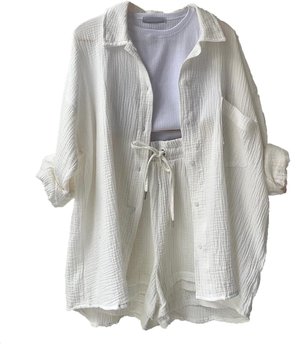 OSACOD 2 Piece Outfits Women Lounge Sets Pajama Long Sleeve Linen Button Down Oversized Shirts An... | Amazon (US)