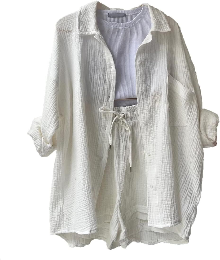 OSACOD 2 Piece Outfits Women Lounge Sets Pajama Long Sleeve Linen Button Down Oversized Shirts An... | Amazon (US)