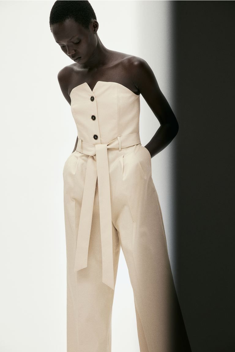 Tie-belt Bandeau Jumpsuit - Sleeveless - Long - Light beige - Ladies | H&M CA | H&M (US + CA)