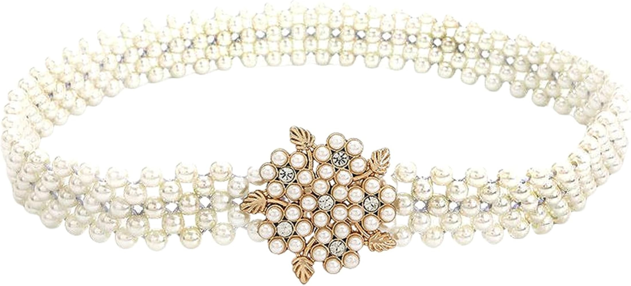 HSQYJ Pearl Elastic Chain Belt Adjustable Stretchy Metal Crystal Flower Buckle Waist Belt Western... | Amazon (US)