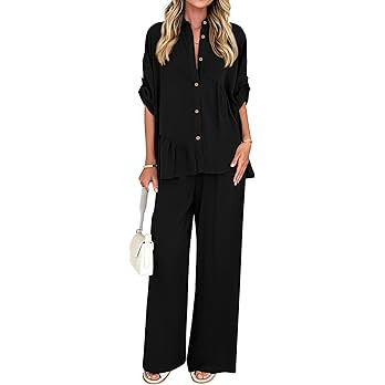 KIRUNDO Two Piece Sets for Women Spring Outfits 2026 Summer Dressy Casual Button Down Shirt Wide ... | Amazon (US)