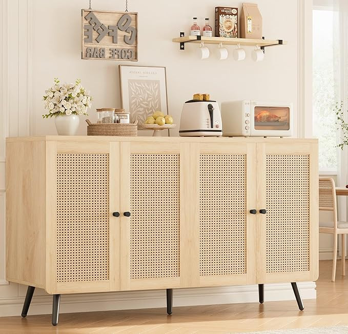Rattan Buffet Cabinet with Storage, 55" Boho Wooden Sideboard Cabinet with Shelves, Kitchen Stora... | Amazon (US)