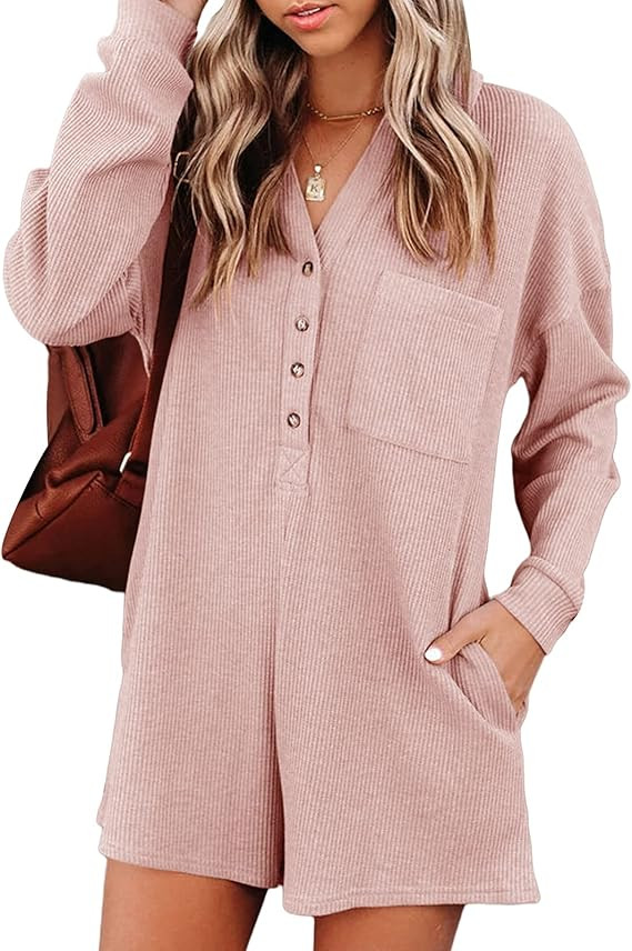 Women's V Neck Button Down Romper Casual Waffle Knit Long Sleeve Playsuit Short One Piece Jumpsui... | Amazon (US)