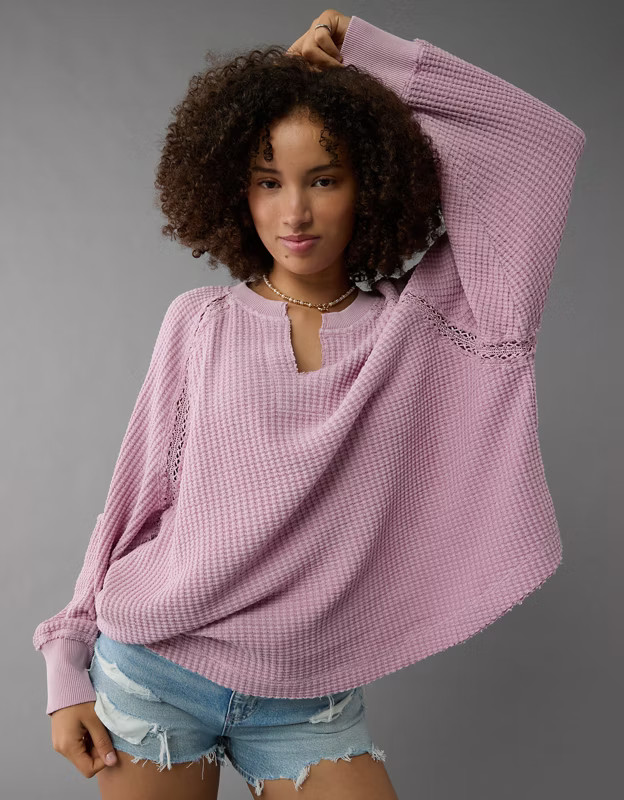 AE Big Hug Notch Neck Waffle Sweatshirt | American Eagle Outfitters (US & CA)
