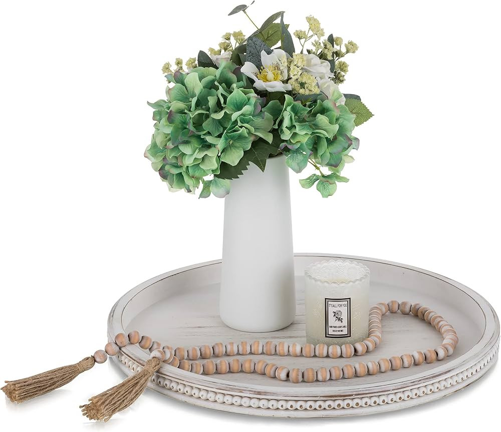 Hanobe Large Round Decorative Tray: White Coffee Table Beaded Tray Rustic Wood Trays Decor Farmho... | Amazon (US)