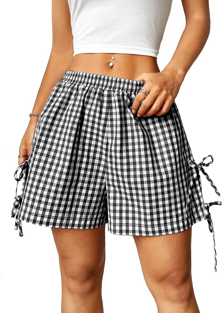 Verdusa Women's Gingham Plaid Print Bow Tie Split Elastic Waist Shorts | Amazon (US)