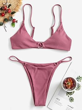 ZAFUL Women's Ribbed O-Ring String Bikini Swimsuit Cheeky Thong Swimwear Two Pieces Bathing Suit | Amazon (US)