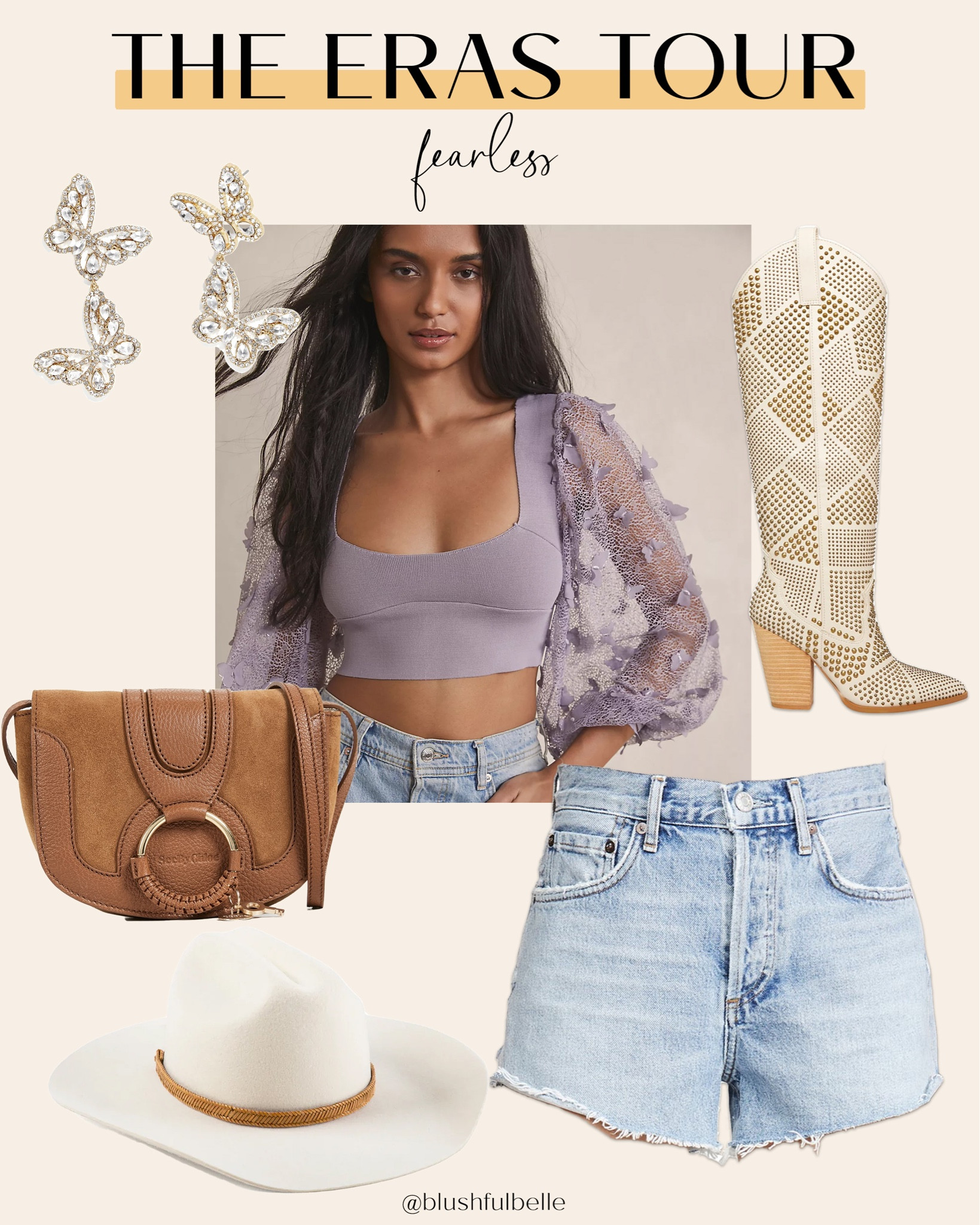 Taylor Swift | The Eras Tour
Outfit Ideas: Fearless
boho chic, bohemian style, free people, cowboy boots, denim shorts, butterflies, cowboy hat

#LTKshoecrush #LTKstyletip