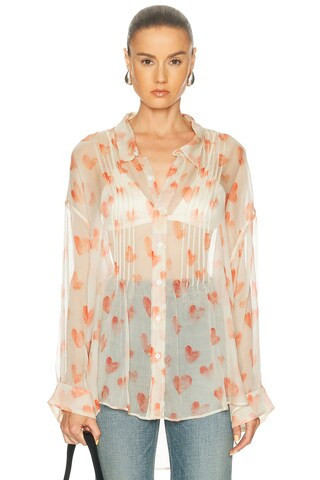 R13 Pintuck Drop Neck Shirt in Cream,Orange | FWRD 