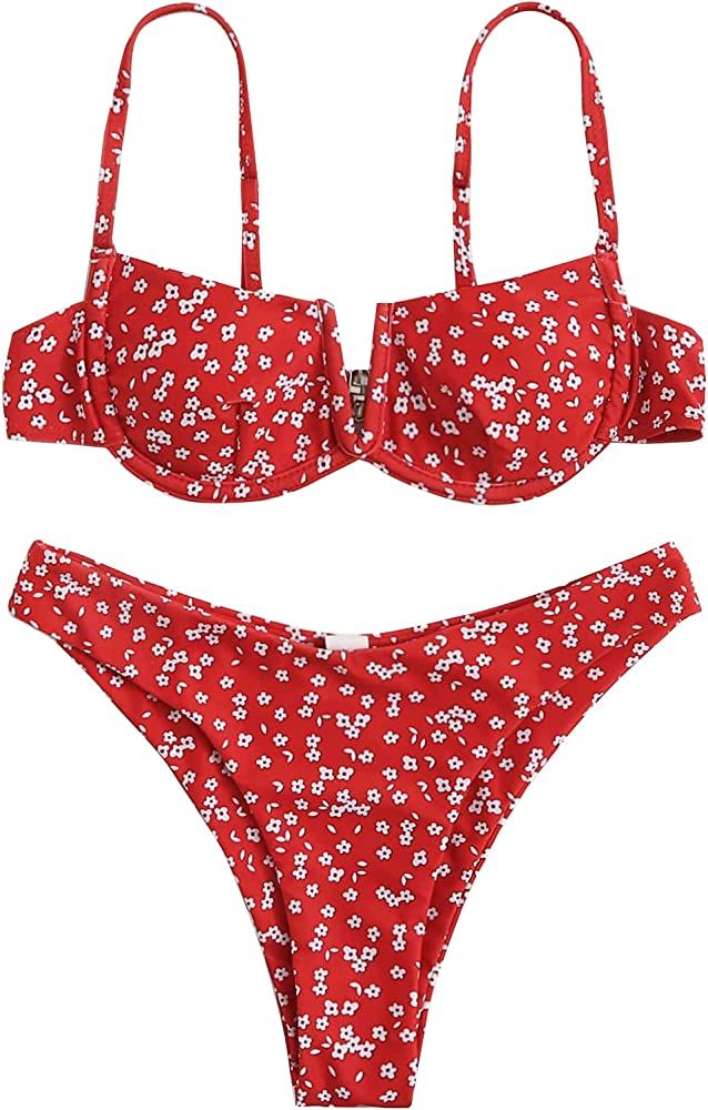 SweatyRocks Women's Sexy Bathing Suits Spaghetti Strap Floral Bikini Set Underwire Swimsuit | Amazon (US)