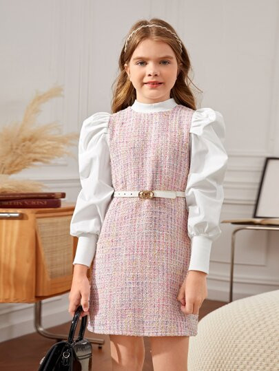 SHEIN Girls Lantern Sleeve Mock Neck Tweed Dress Without Belt SKU: sk2206296797161756(69 Reviews)... | SHEIN