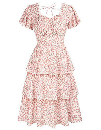 Belle Poque 2026 Summer Women's Square Neck Smocked Pink Floral Dress Tiered Ruffle Flowy Midi Dresses Pink M | Amazon (US)